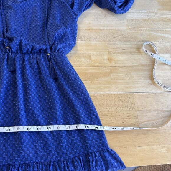 Trina Turk Viti Blue Mini Dress Peasant Boho Tiered Tassel Ruffle Medium New - Picture 14 of 15